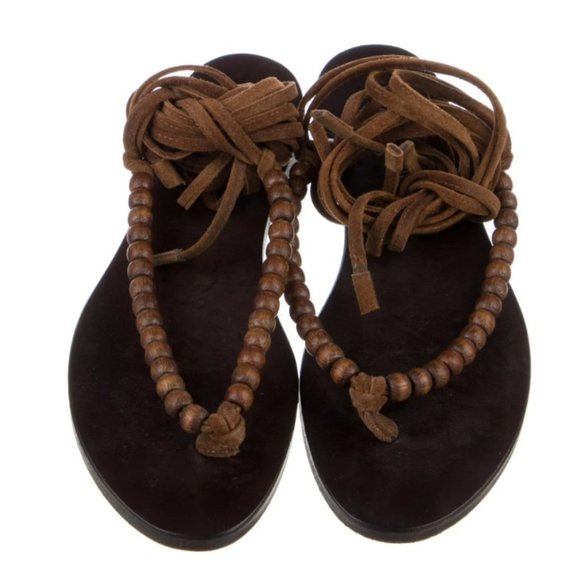 SAINT LAURENT Leather Beaded Accents Gladiator Sandals Shoes